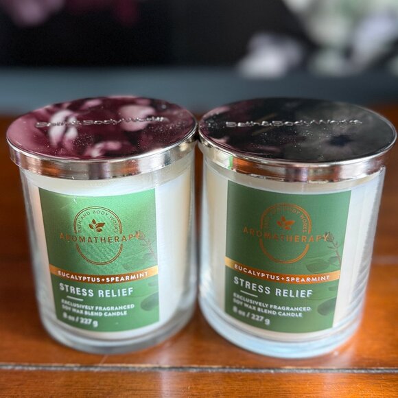Bath & Body Works Other - 2pc NEW AROMATHERAPY EUCALYPTUS+SPEARMINT STRESS RELIEF Single Wick 2 Candles